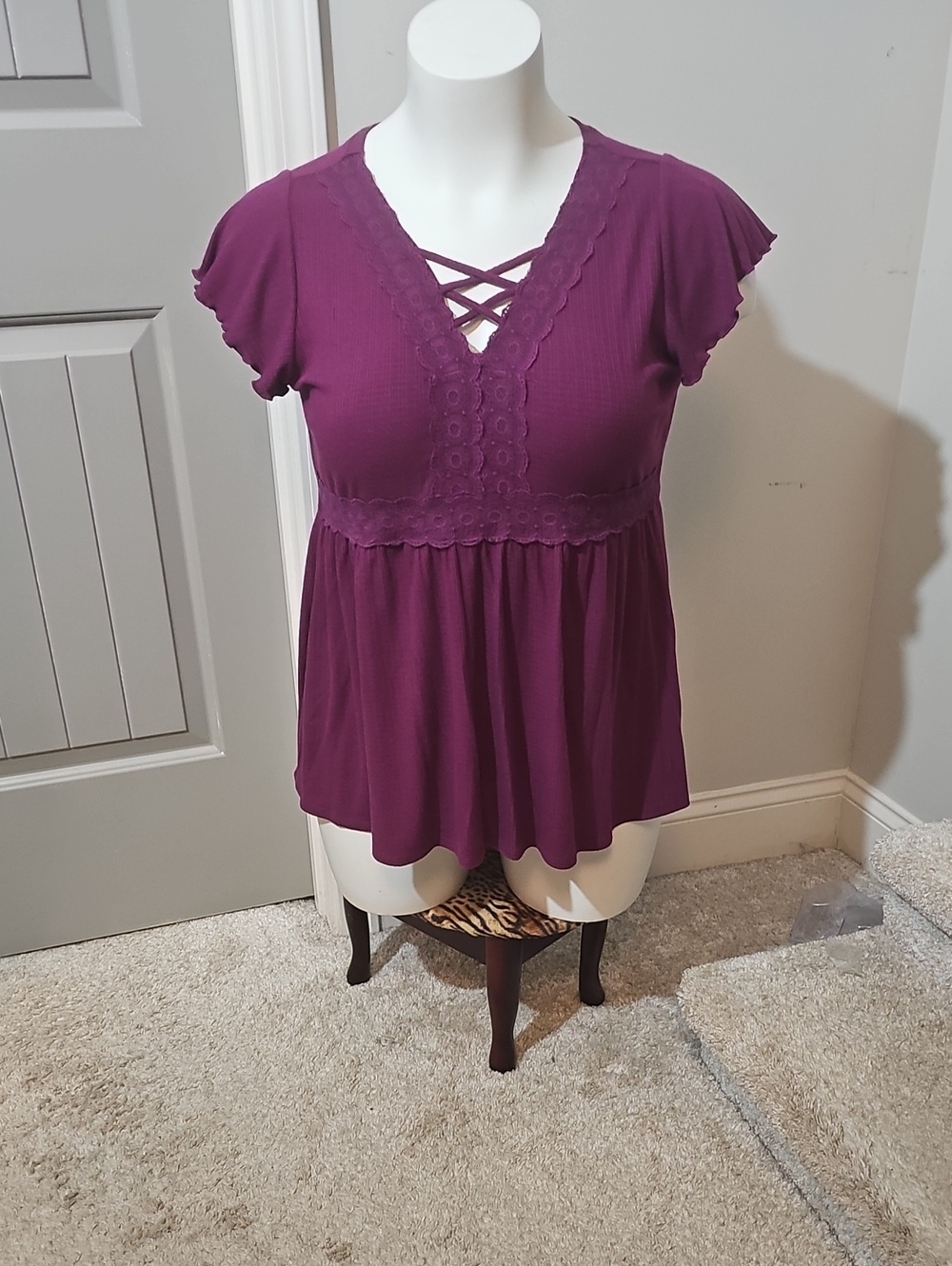 Crisscross Lace-Trim Peplum Tunic in Plum